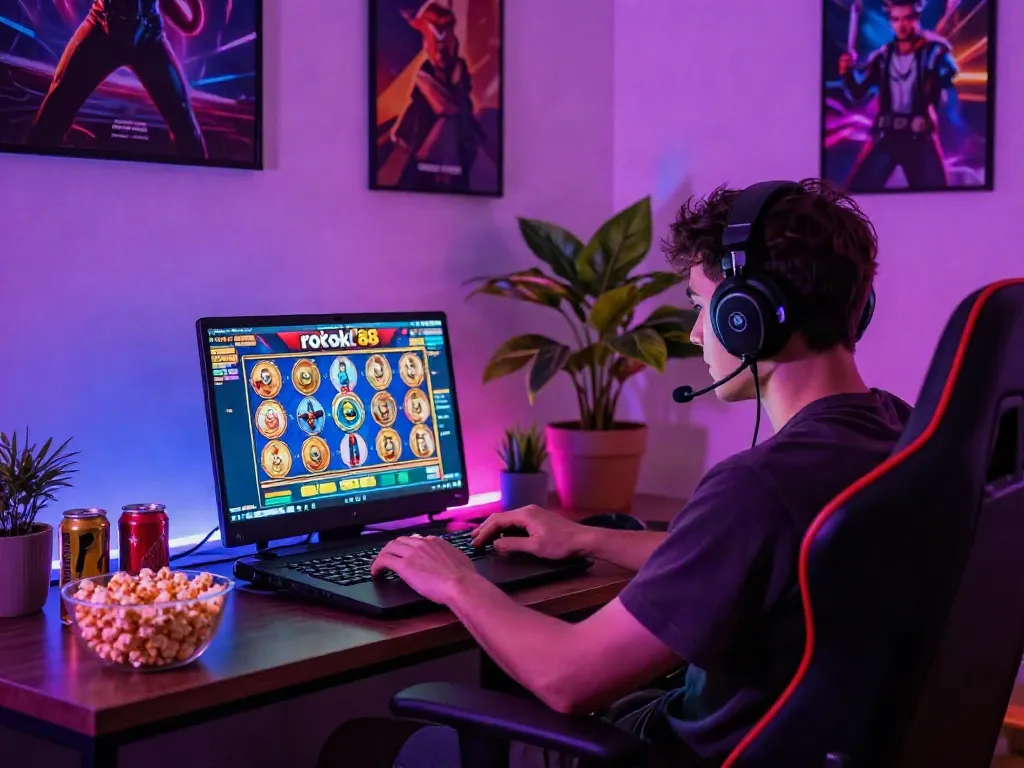 Engaged gamer experiencing rokok88 slot in a vibrant gaming environment.