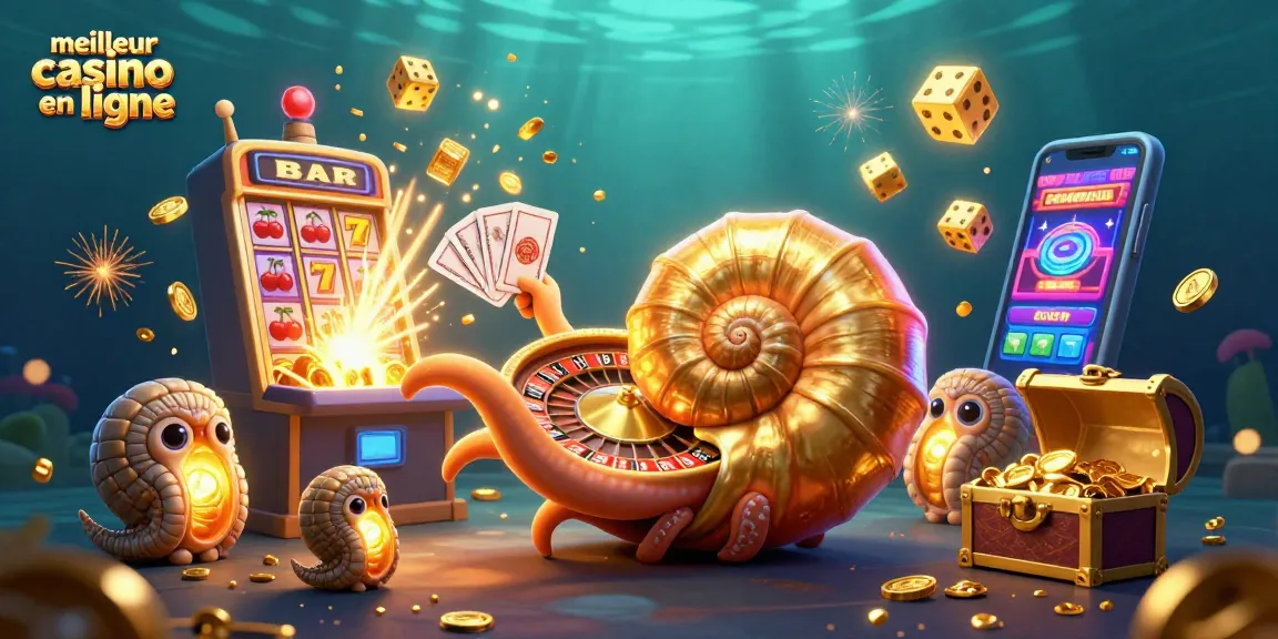 Découvrez le meilleur casino en ligne avec un nautilus en 3D tenant des cartes et entouré de jackpots