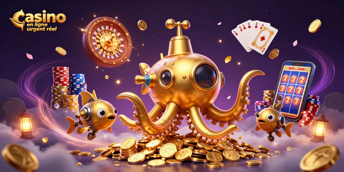 Jouez au casino en ligne argent réel avec des machines à sous et un kraken doré émergeant à travers des pièces.
