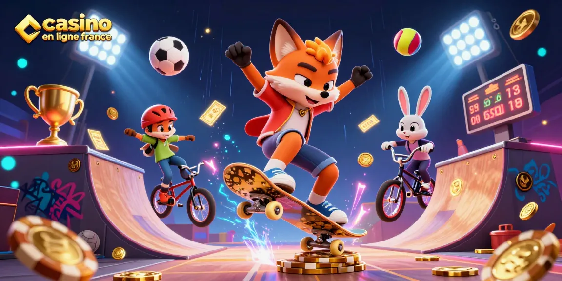 Jouez au casino en ligne France avec une illustration dynamique de personnages sportifs gambadant autour de jetons.