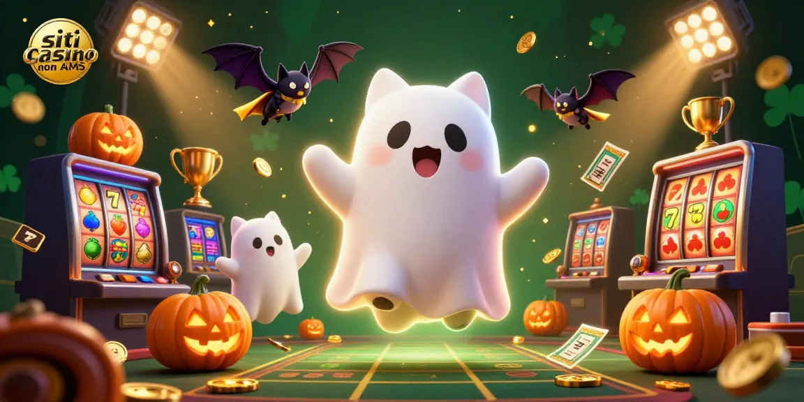 Gioca nei siti casino non AAMS con un'immagine coinvolgente di un gatto fantasma e simboli fortunati.