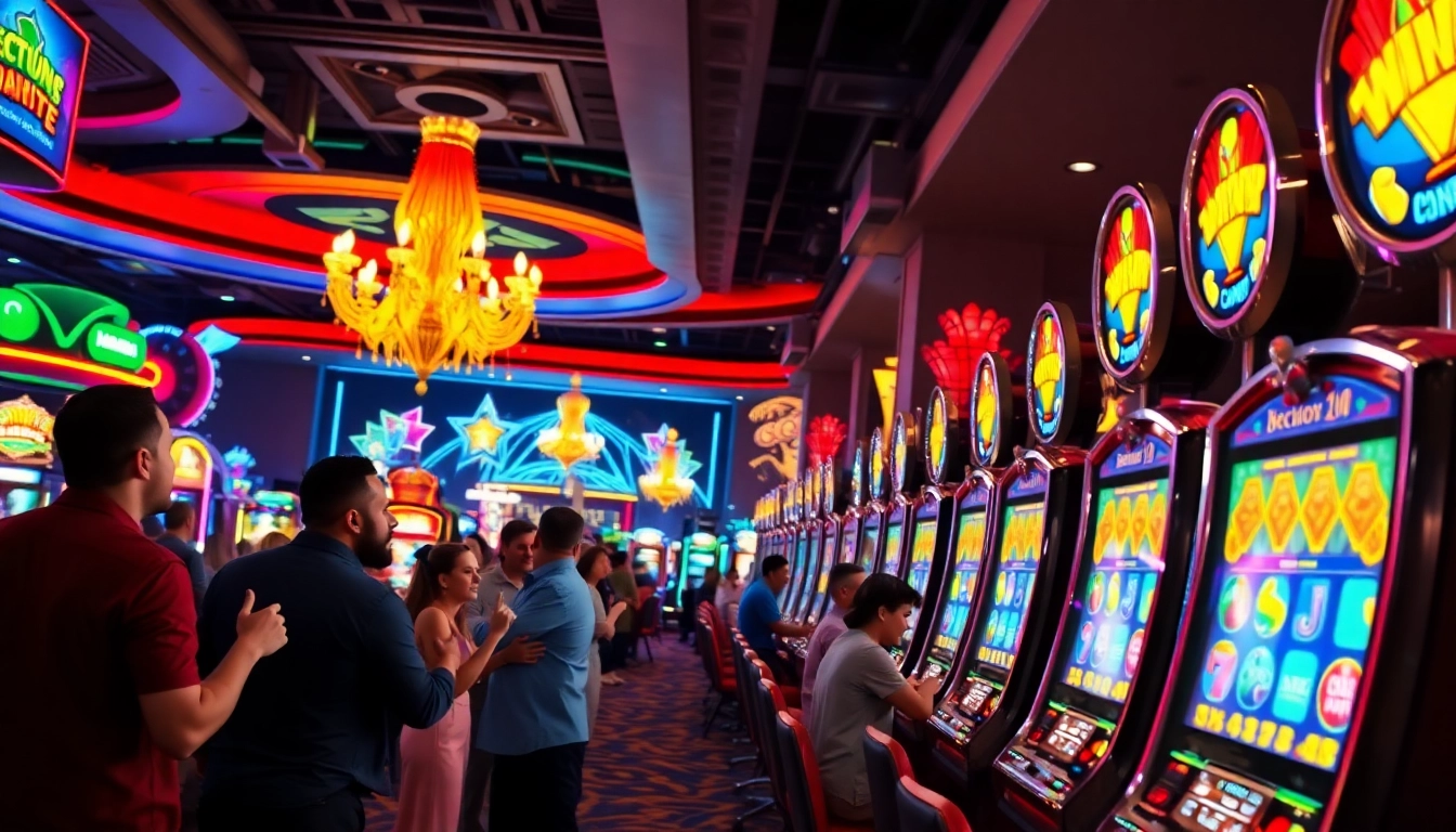 Casino-spiele de Spieler genießen lebendige Automaten in einem farbenfrohen Casino-Ambiente.