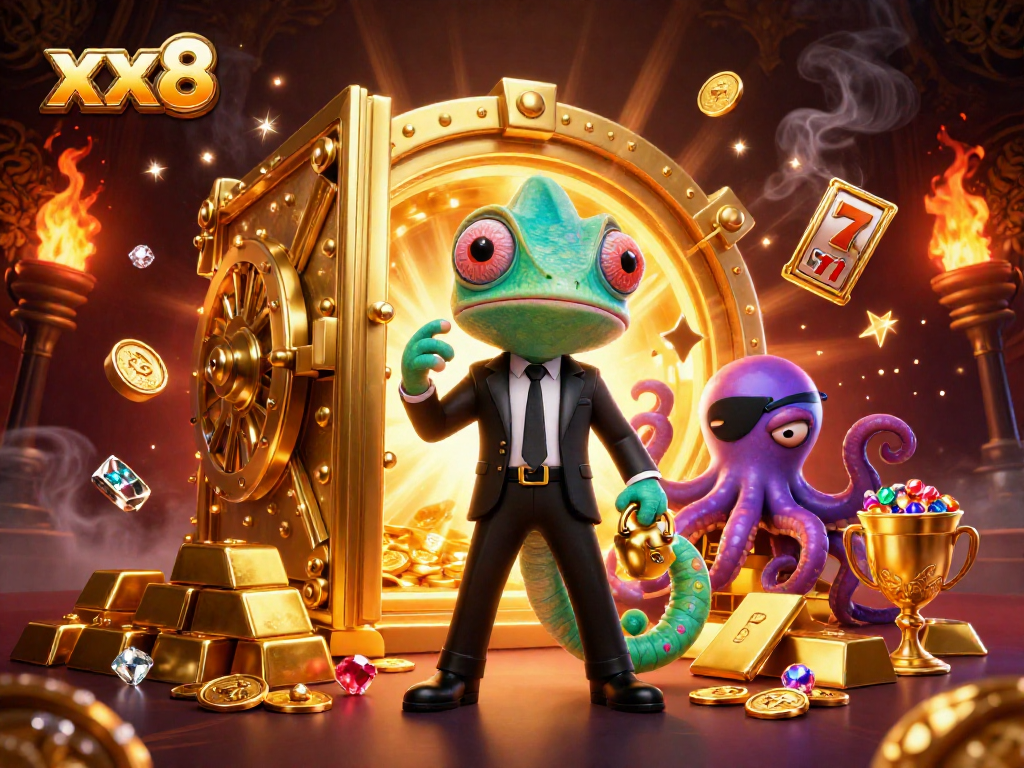 Experience winning strategies with xx8 in an action-packed 3D casino scene filled with treasures.