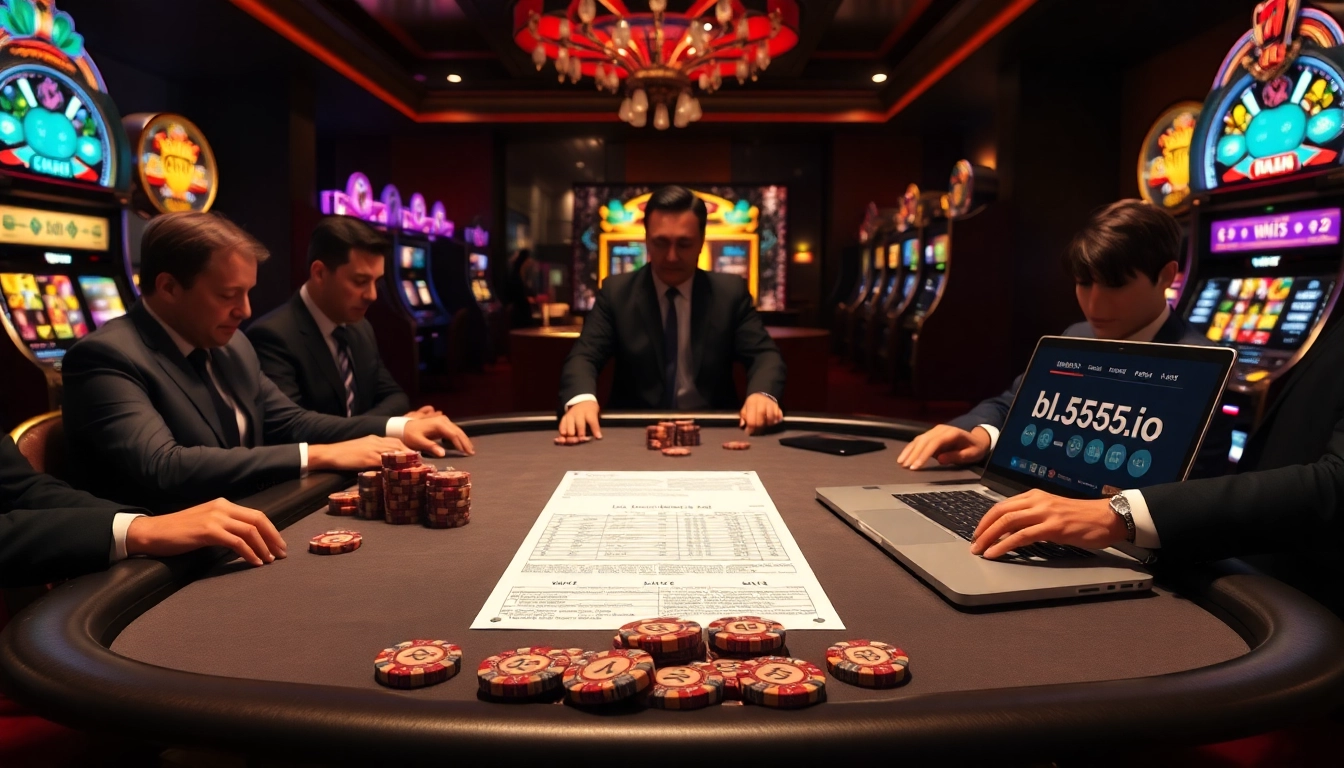 A high-stakes poker scene capturing the excitement of gamblers engaging with bl-555.io, featuring vibrant casino elements.