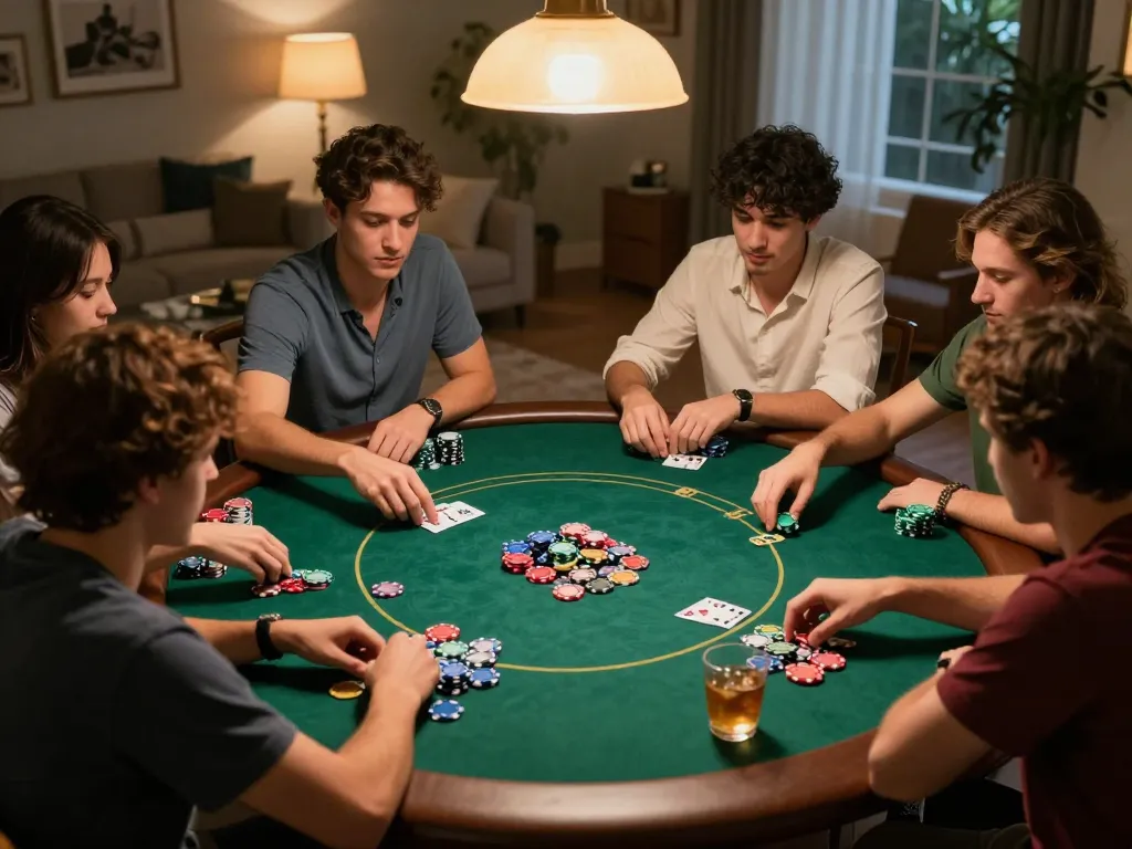 8kbet players enjoying a cozy poker night with vibrant chips and warm lighting