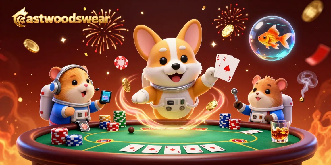 Slot gacor dengan eastwoodswear, corgi astronaut, dan chip poker mengambang di tengah casino.