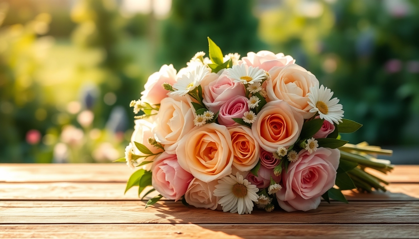 Elegant bridal bouquet showcasing wedding flowers in a serene outdoor setting.
