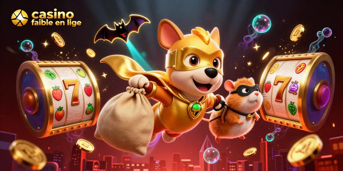Image de casino fiable en ligne avec un chien super-héros portant une cape dorée, entouré de jeux et éléments colorés.