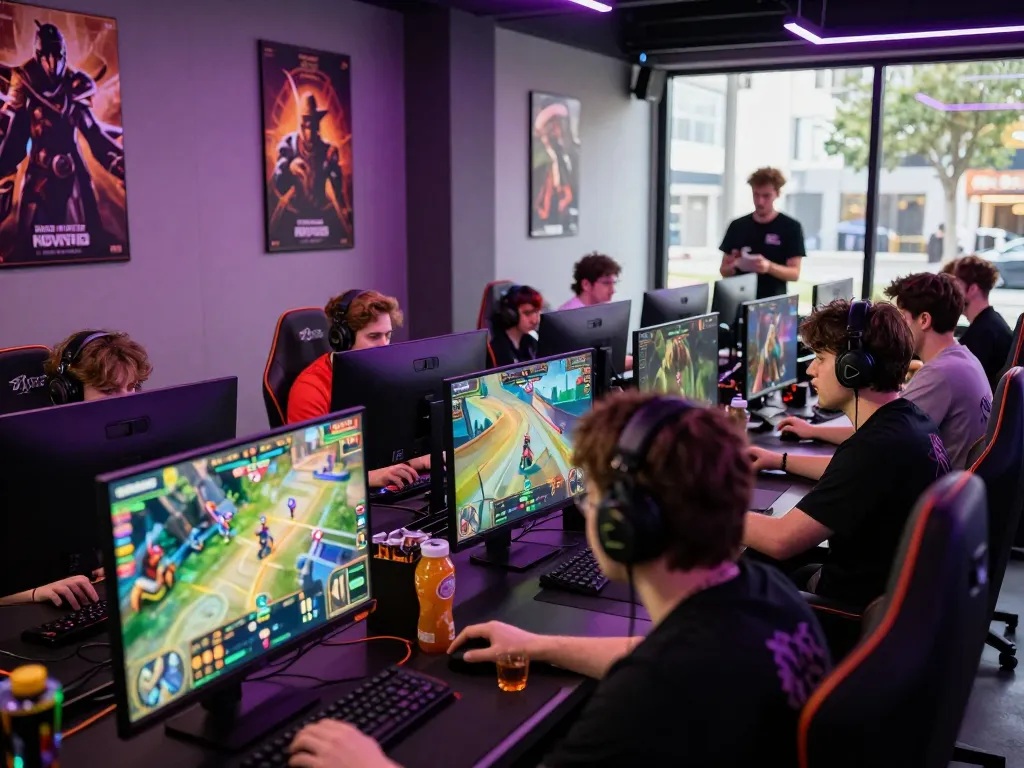 Esports hubet88 featuring diverse players betting on games, energized atmosphere with LED lights and multiple screens displaying action.