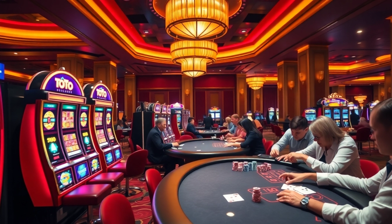 Experience the thrill of toto slot machines in a luxurious casino atmosphere with engaged players.