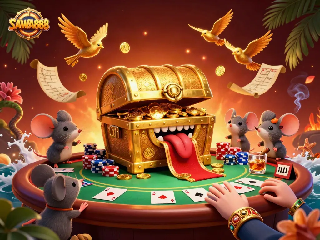 SAWA888 showcases a vibrant casino scene with a cartoon treasure chest enticing adventurer mice.