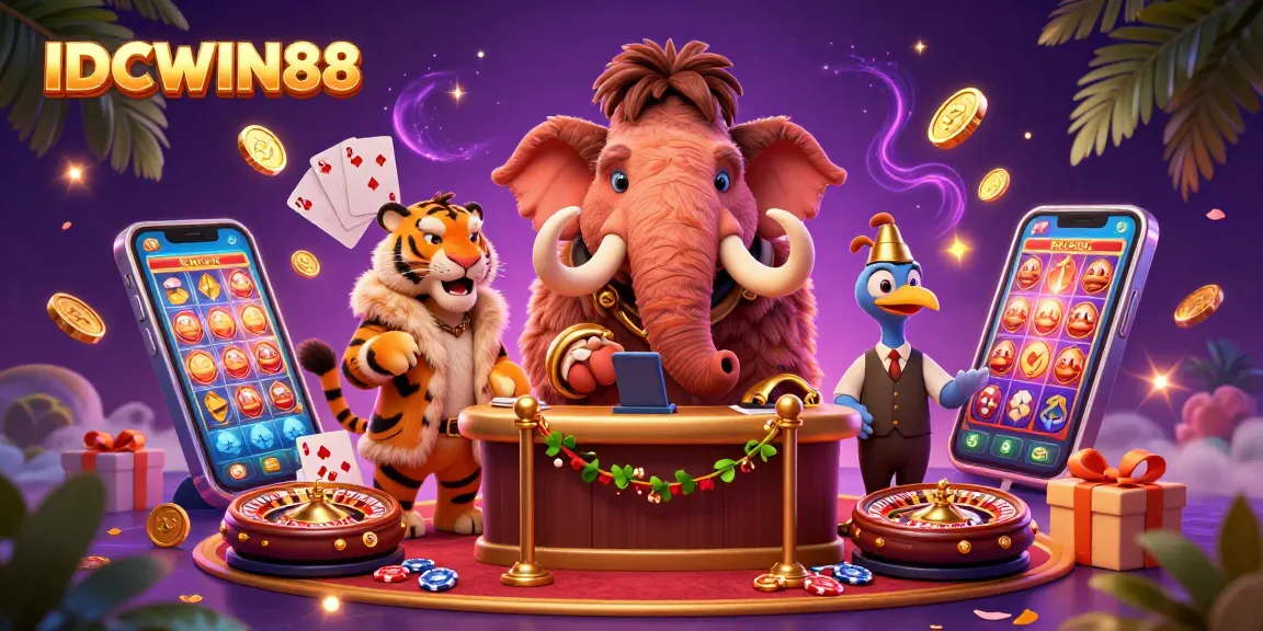 IDCWIN88 slams excitement with an ultra-detailed 3D illustration of a casino scene with engaging characters and dynamic gaming elements.