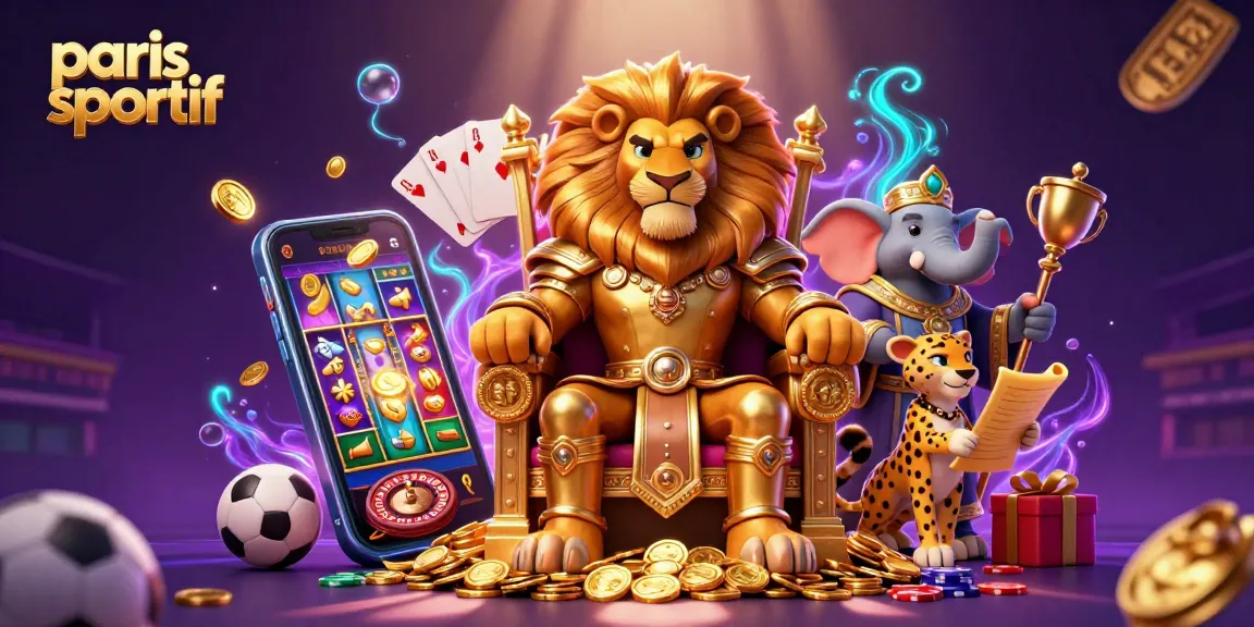 Paris sportif : mise en scène dynamique de personnages de casino entourés de jeux et d'éléments sportifs.