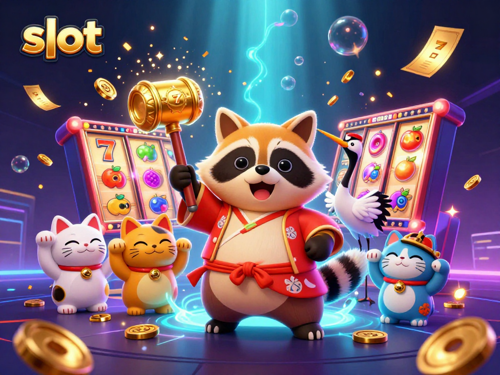 Slot yang meriah dengan tanuki, bingo, dan simbol keberuntungan menari penuh warna.