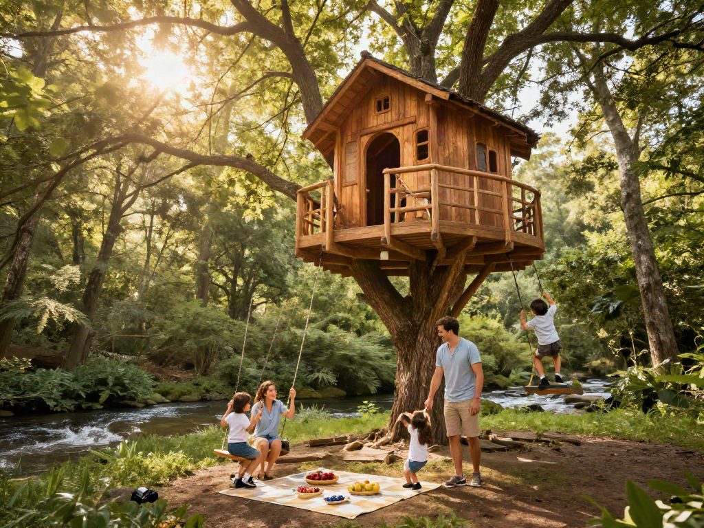 Family enjoying treehouses in a beautiful forest setting with playful activities and healthy snacks.