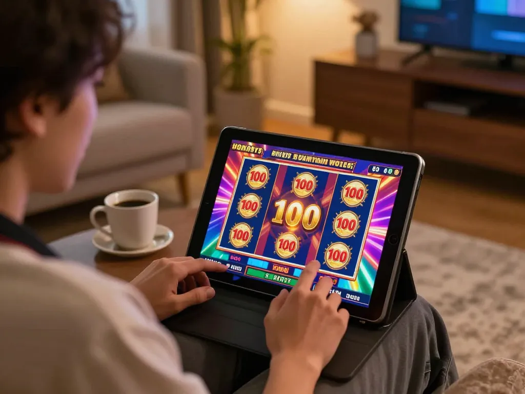 Player enjoying slot bonus 100 on a tablet in a cozy gaming environment