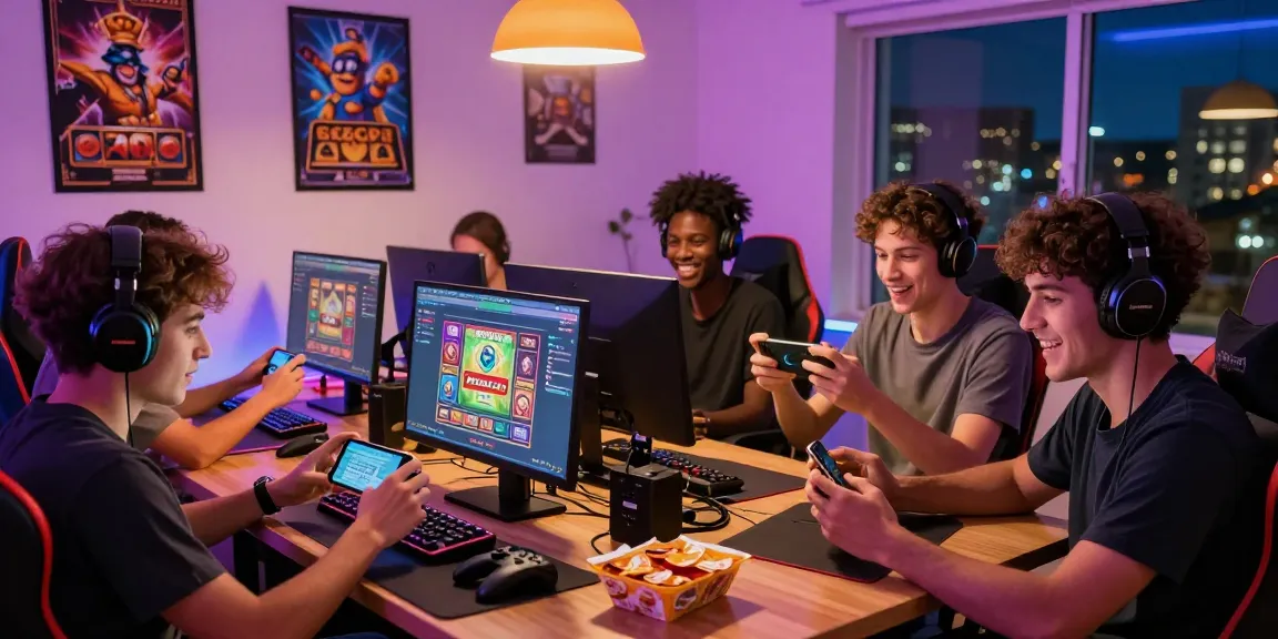 Excited gamers enjoying Zeus222 apk slot on mobile devices in a vibrant gaming room.