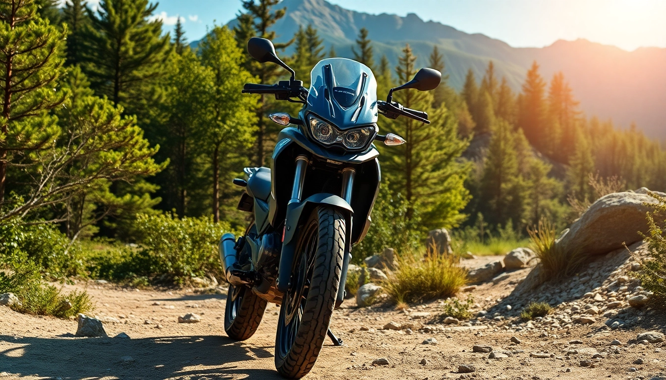 Showcase dual sport street legal motorcycles navigating rugged terrains to highlight adventure.