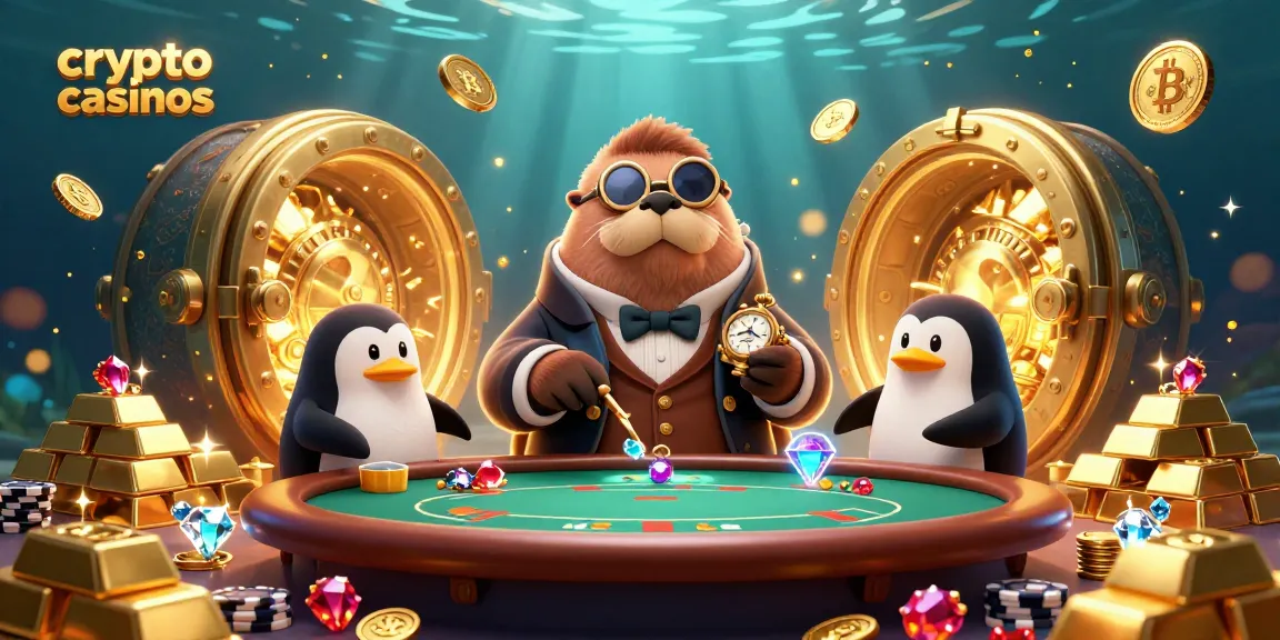 Illustration dynamique de crypto casinos avec un phoque ludique en costume et un joueur poisson bluffy.