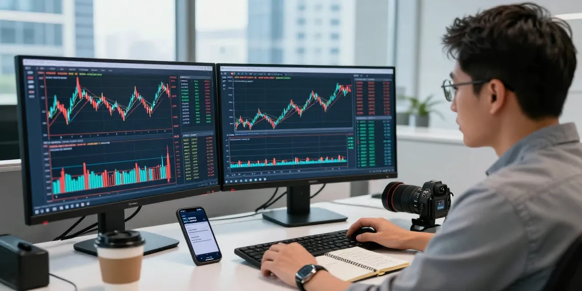 Trader analyzing trading market insights on dual monitors in a bright office environment.