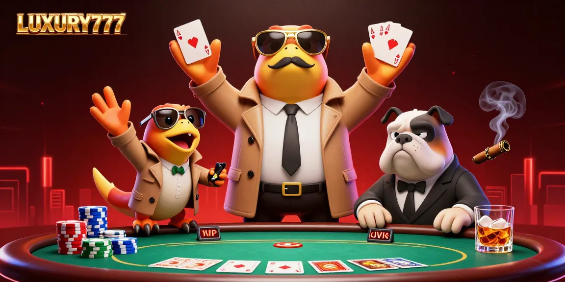 Rangkum pengalaman bermain game dengan LUXURY777 dalam ilustrasi kasino tiga raptor berpakaian jas.