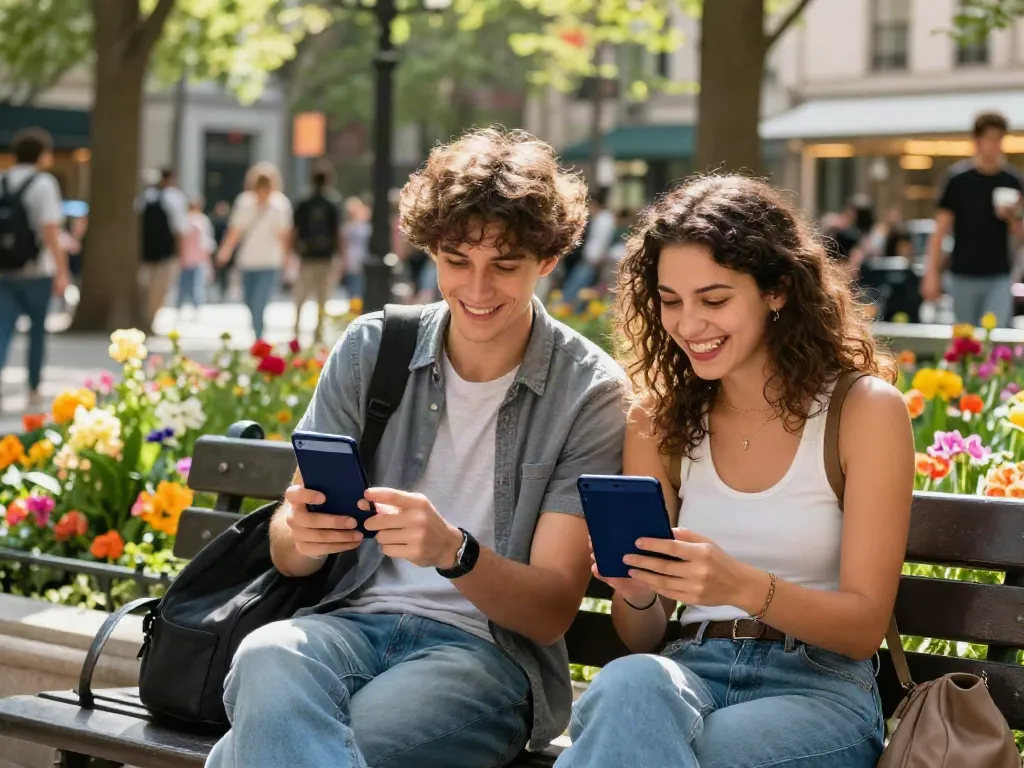 Young couple exploring hornyleak content on smartphones in a lively park.