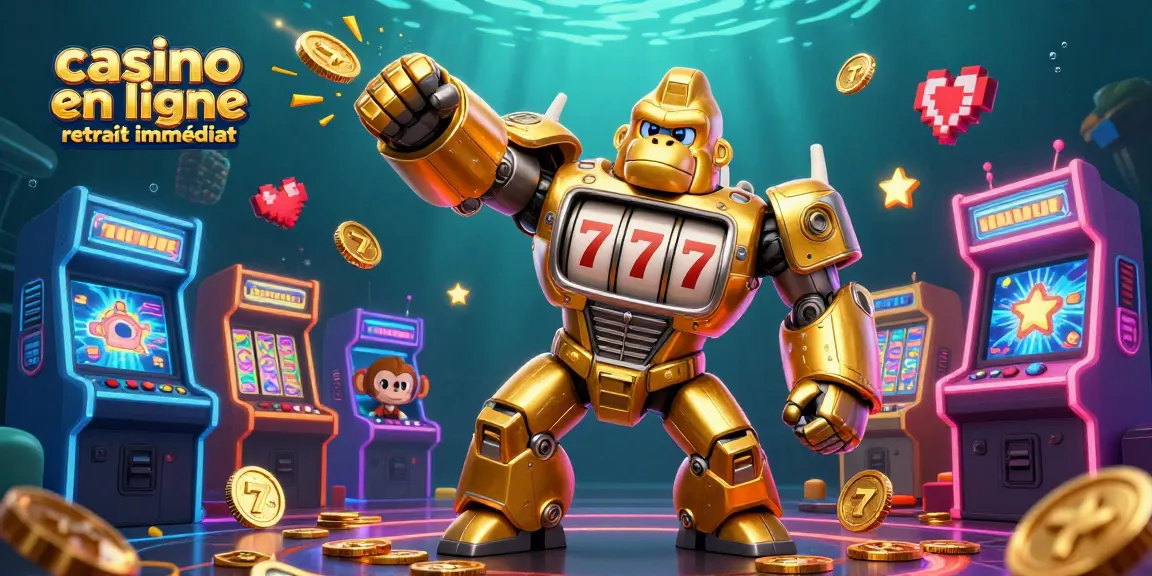 Plongez dans l'univers des jeux en ligne avec casino en ligne retrait immédiat, une scène dynamique de machines à sous et un gorille futuriste.