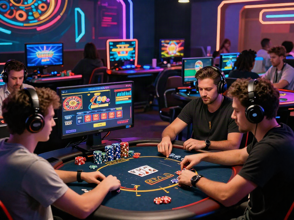 situs casino online gaming experience with diverse players immersed in poker, slots, and roulette.