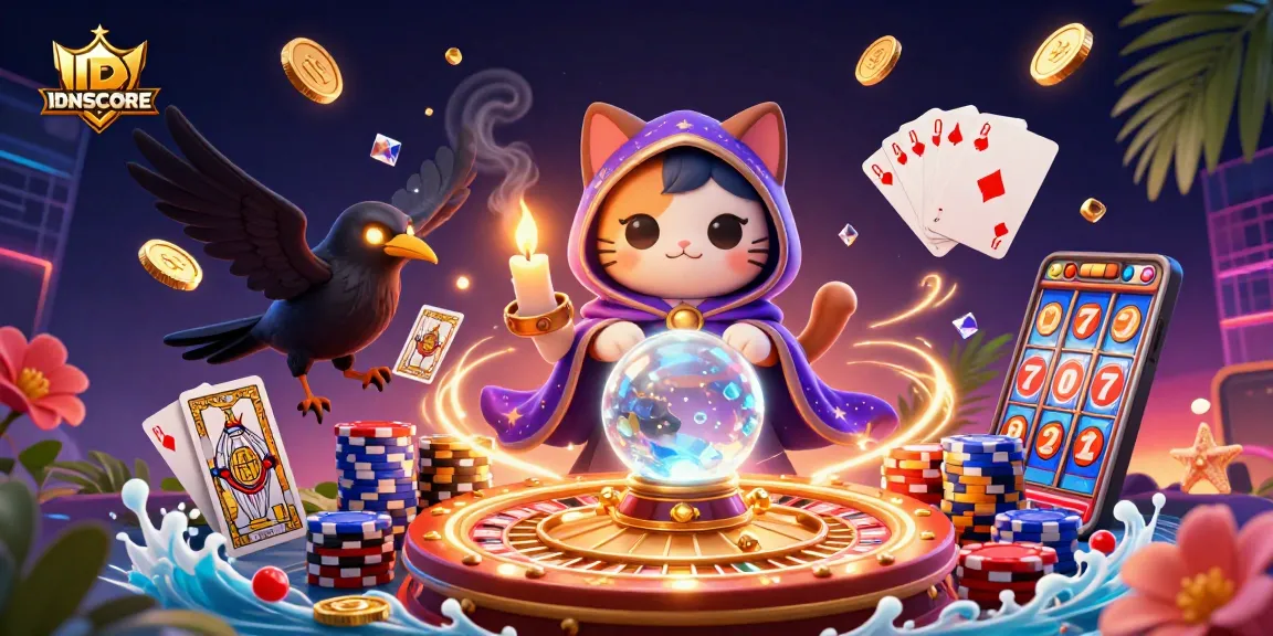 IDNSCORE casino scene with a mystic cat and tarot raven surrounded by coins and cards.