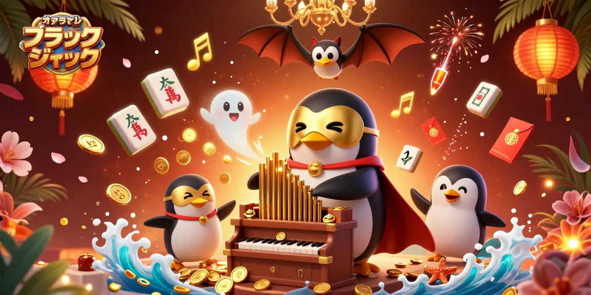 オンライン カジノ ブラック ジャックでプレイする3Dカートゥーンのペンギンとアクロバットのイラスト