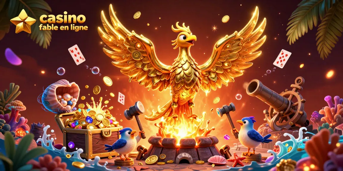 Explorez les trésors d'un casino fiable en ligne avec un phœnix doré et des jeux animés.