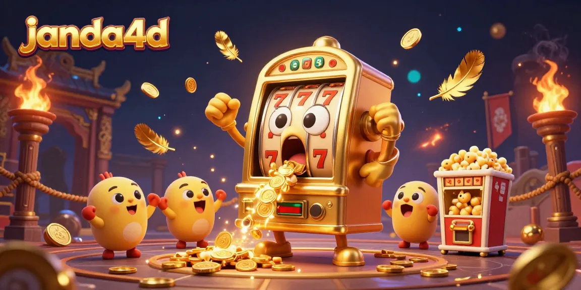 Slot mesin gold janda4d sedang mendapatkan jackpot dengan suasana penuh koin dan kemeriahan.