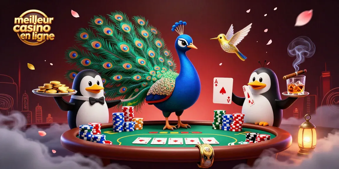Jouez au meilleur casino en ligne avec une illustration de table de poker et des personnages animés.