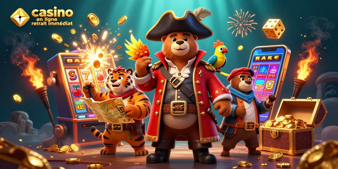 Jouez au casino en ligne retrait immédiat avec l'illustration d'un ours pirate et ses compagnons trésors.