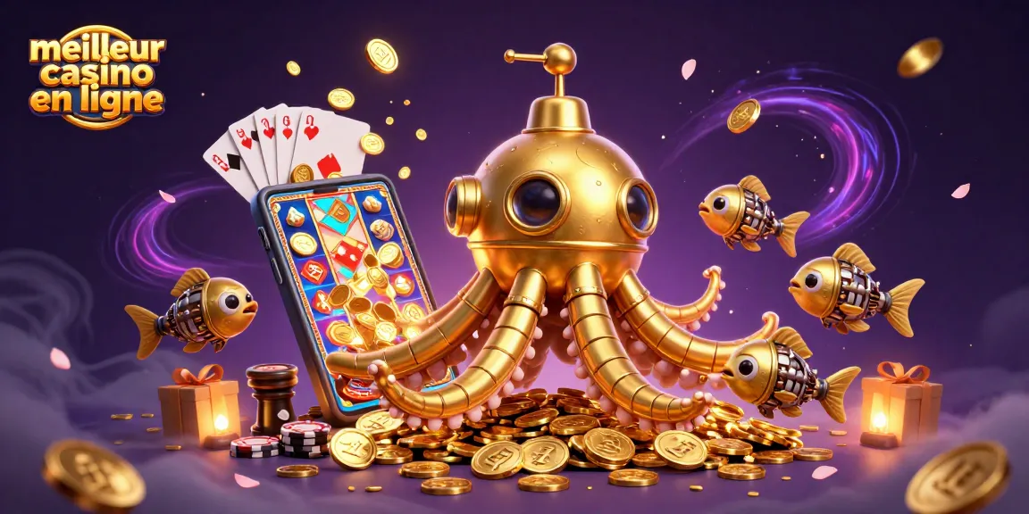 Illustration captivante d'un meilleur casino en ligne avec un kraken doré et des éléments de jeux.
