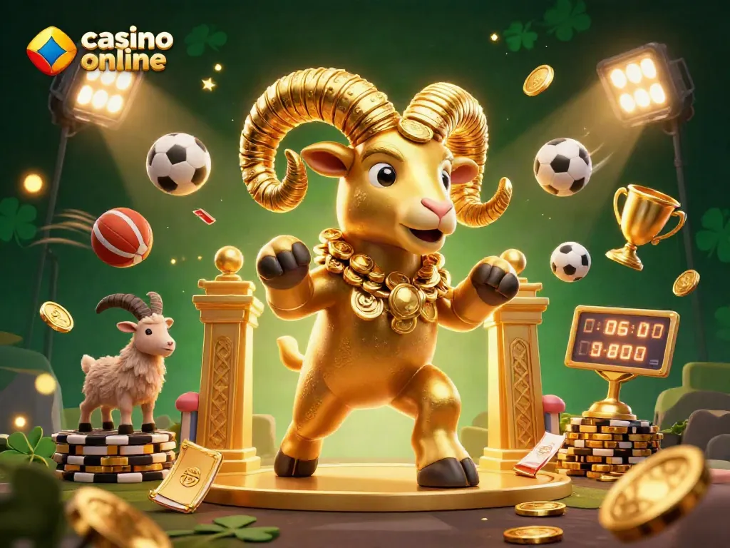 Disfruta de la emoción del casino online con un carnero dorado cargando mientras se mezclan monedas y pelotas deportivas.
