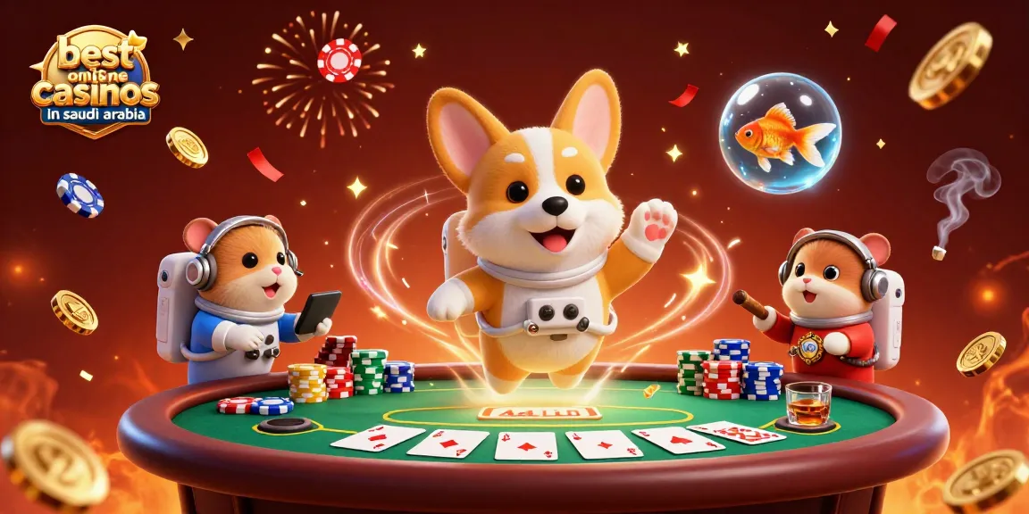 Experience the excitement of the best online casinos in Saudi Arabia with a vibrant casino scene featuring dynamic characters.