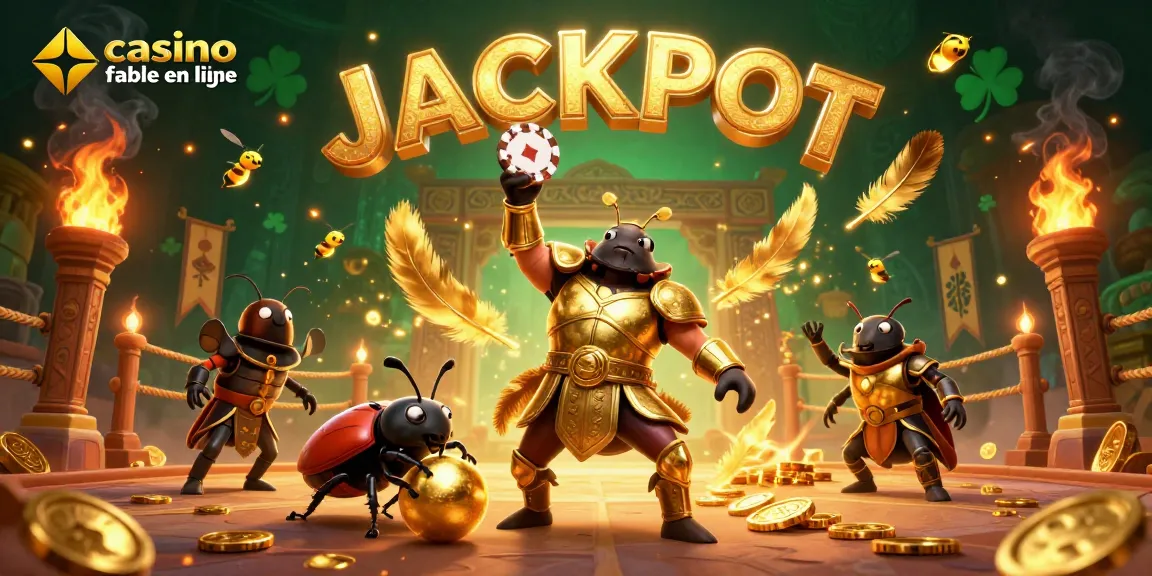 Illustration dynamique du thème casino fiable en ligne avec insectes en armure, jetons et effets de feu.