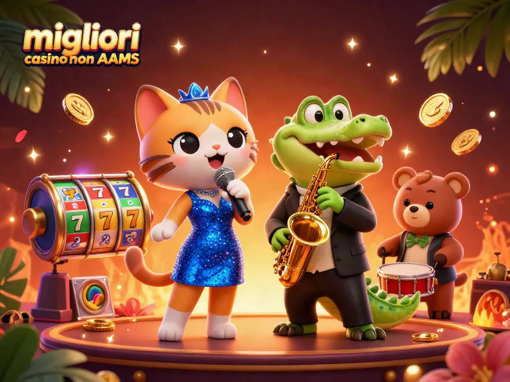 Migliori casino non AAMS con elementi vivaci e personaggi animati che cantano e suonano sul palcoscenico.
