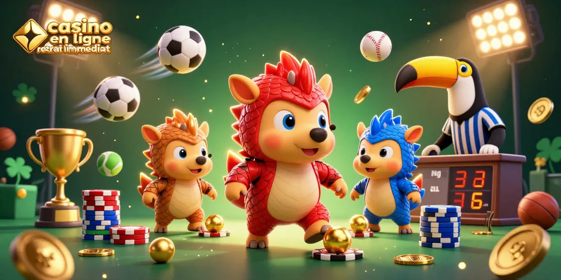 Jeu dynamique avec pangolins pour casino en ligne retrait immédiat entourés de jetons et ballons.