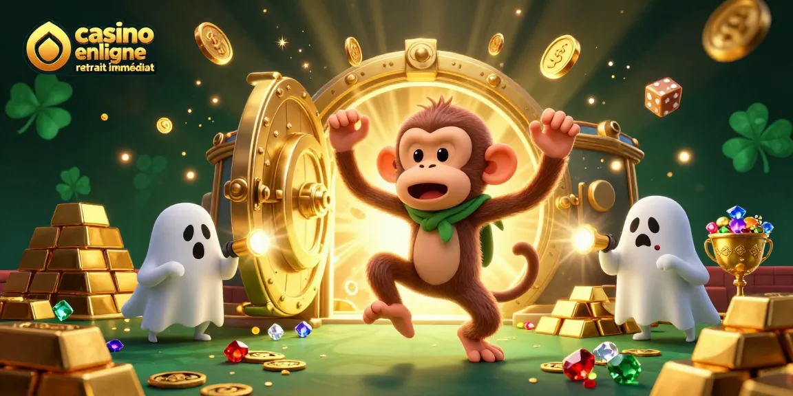 Illustration dynamique d'un casino en ligne retrait immédiat avec un singe poltergeist et un chiot chasseur de fantômes.