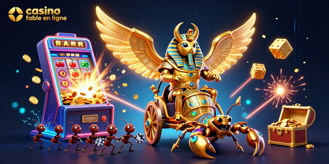 Profitez d'une expérience captivante avec un casino fiable en ligne, illustrée par un scarabée en or et des jeux de casino.