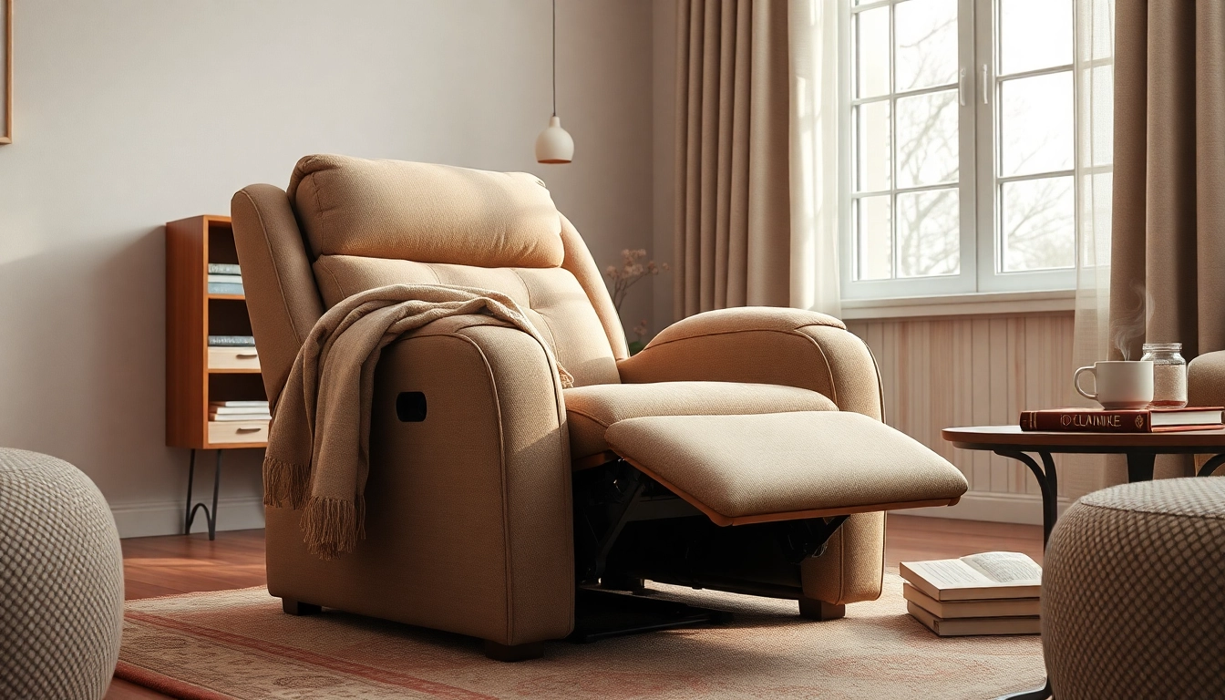 Relax in a recliner chair with massage and heat, showcasing luxurious fabric and cozy atmosphere.