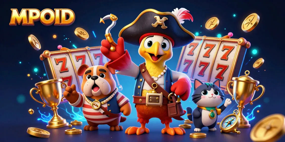 MPOID showcases a lively pirate-themed casino scene filled with lively slot games, gold coins, and colorful characters.