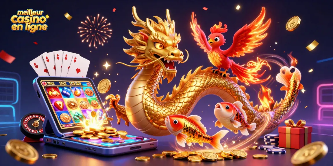 Le meilleur casino en ligne, dragon chinois et phoenix en action avec jeux et pièces d'or.