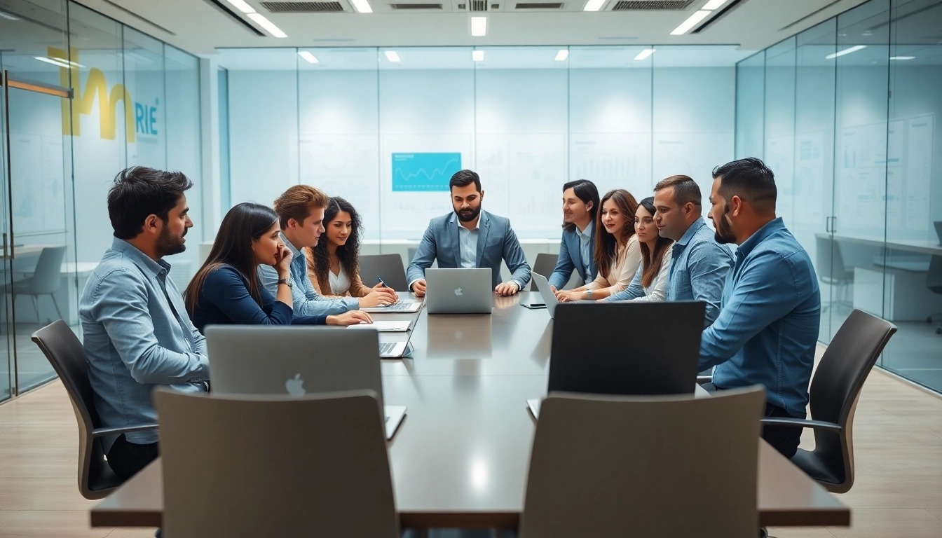 Engaged team at a digital marketing company collaborating in a modern office space.