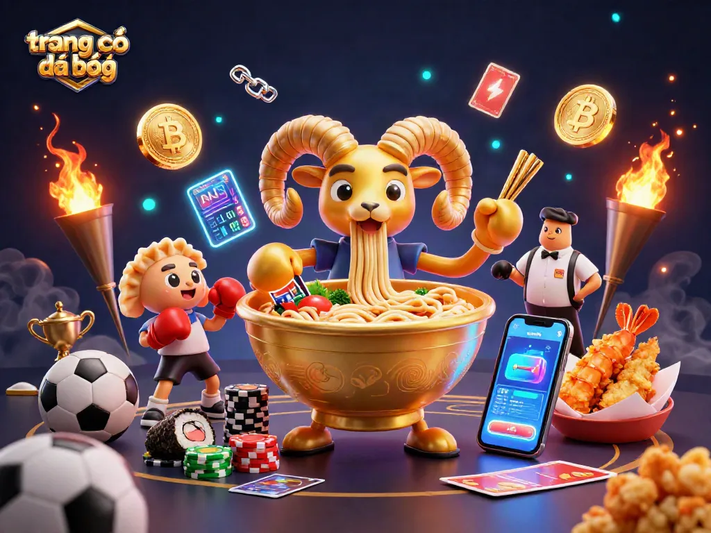 Trang cá độ bóng đá với bát ramen khổng lồ và nhiều yếu tố thể thao hấp dẫn