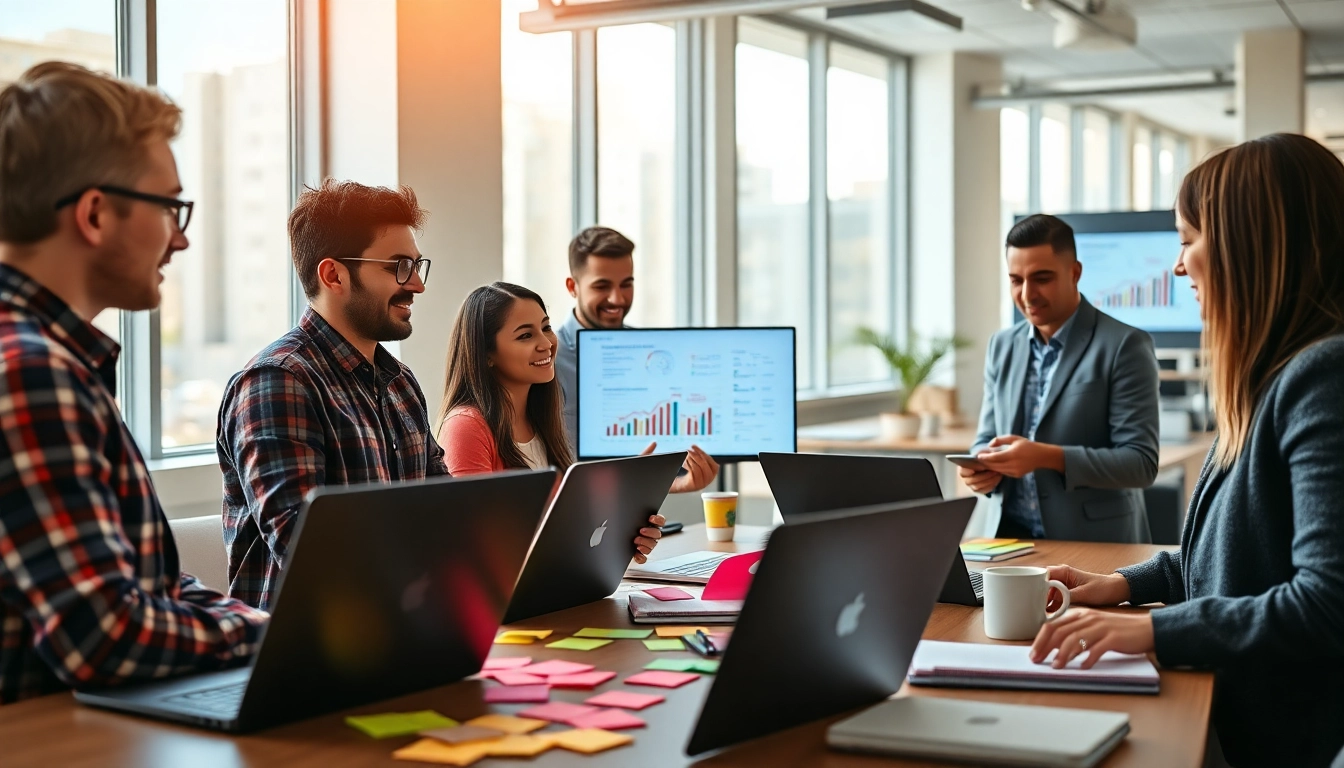 Digital marketing company team brainstorming strategies in a collaborative office setting.