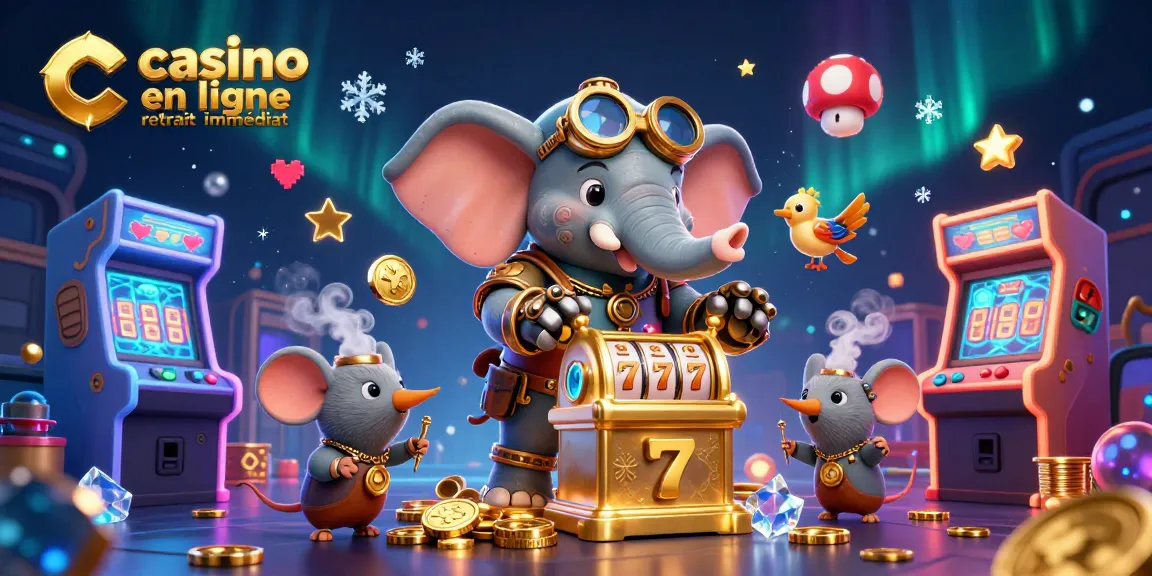 Jouez à casino en ligne retrait immédiat avec une illustration 3D captivante d'un éléphant ingénieur steampunk autour d'une machine à sous.