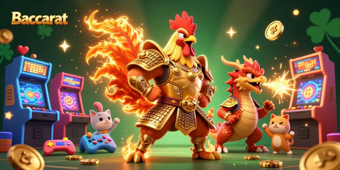 Baccarat showdown with a fiery rooster warrior, dragon hatchling, and fortune cat in a dynamic casino-themed illustration.